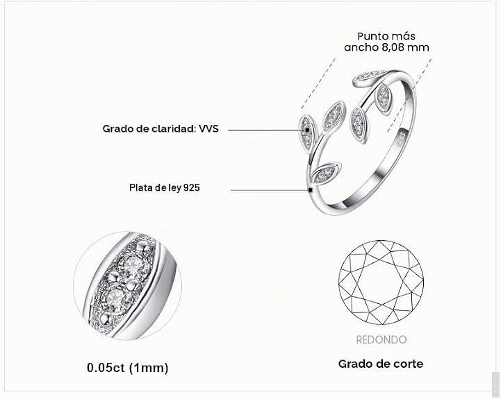 Anillo Hoja de Olivo Ajustable | Plata, Oro 14K y Oro Rosa | CZ