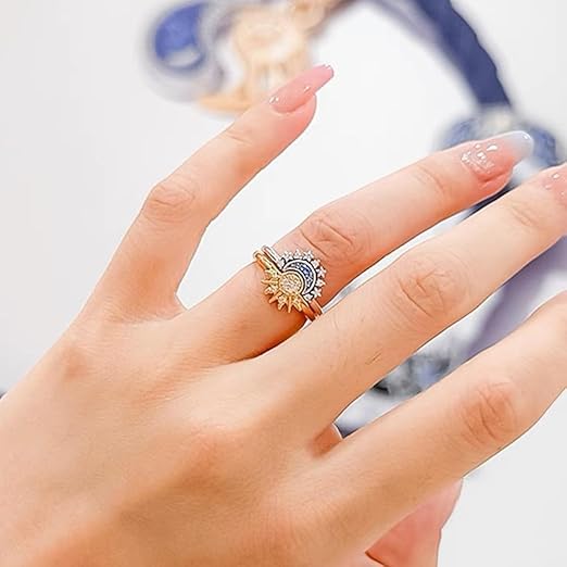 Conjunto Anillos Sol y Luna Ajustables Chapados en Oro – Regalo Parejas