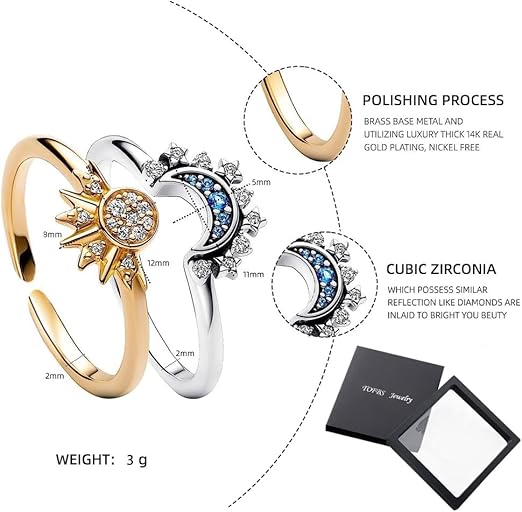 Conjunto Anillos Sol y Luna Ajustables Chapados en Oro – Regalo Parejas