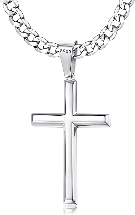 Collar Cruz Hombre Plata de Ley 925 con Cadena Cubana 5MM
