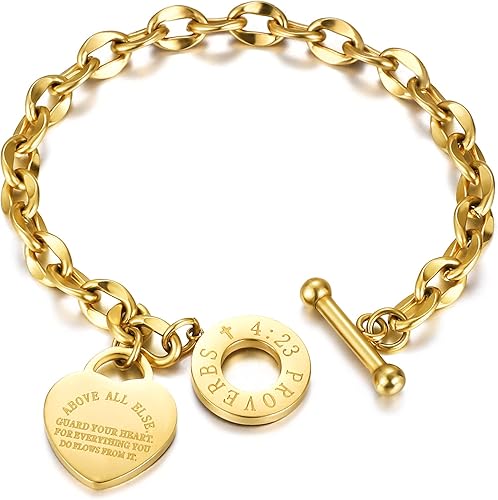 Pulsera de Acero Inoxidable con Versículo Bíblico | Cadena con Hebilla OT y Colgante de Corazón