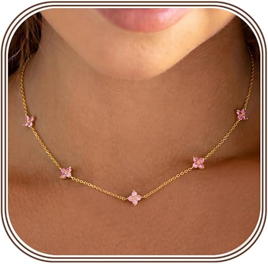 Collar Piedra Natal | Chapádo Oro 14K | Gargantilla Trébol Circonita Cúbica | Mujer y Niña