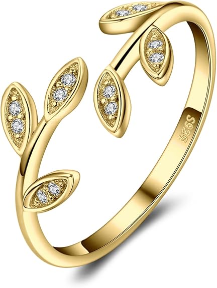 Anillo Hoja de Olivo Ajustable | Plata, Oro 14K y Oro Rosa | CZ