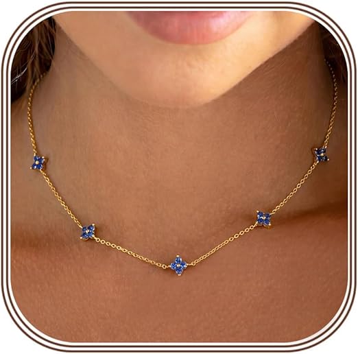 Collar Piedra Natal | Chapádo Oro 14K | Gargantilla Trébol Circonita Cúbica | Mujer y Niña