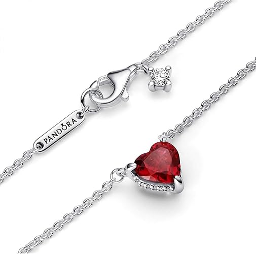 Pandora Collar Corazón Centelleante | Cristales Rojo Cereza | Plata | 45 cm