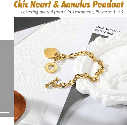 Pulsera de Acero Inoxidable con Versículo Bíblico | Cadena con Hebilla OT y Colgante de Corazón