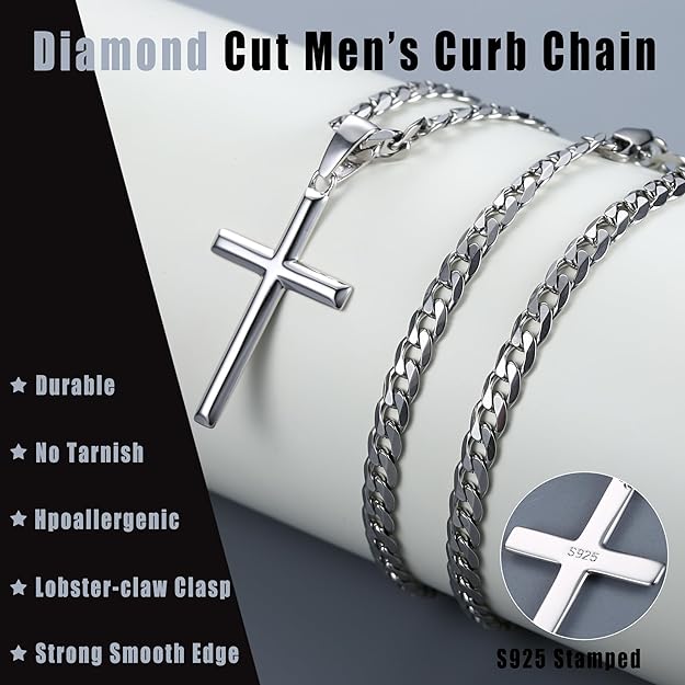 Collar Cruz Hombre Plata de Ley 925 con Cadena Cubana 5MM