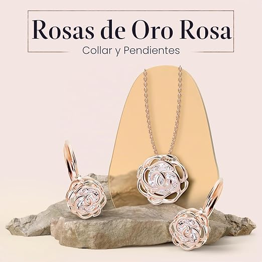Conjunto Collar y Pendientes Chapado en Oro Flores Rosas con Cristales