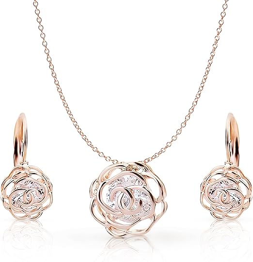 Conjunto Collar y Pendientes Chapado en Oro Flores Rosas con Cristales