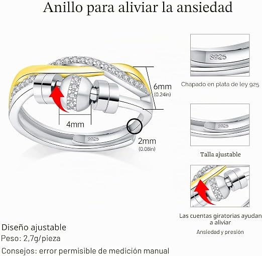 Anillo Antiestrés Plata 925 con Cuentas Giratorias Ajustable – Regalo Mujer