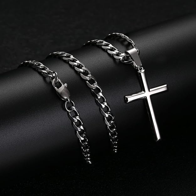 Collar Cruz Hombre Plata de Ley 925 con Cadena Cubana 5MM