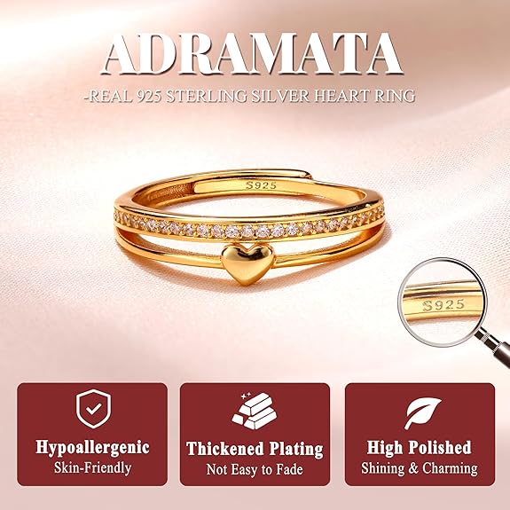 Adramata Anillo Corazón Plata 925 | Chapado Oro 14K | Ajustable