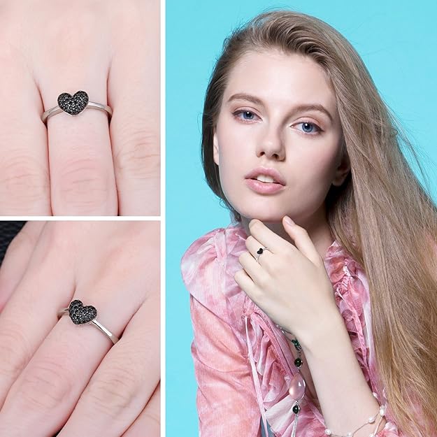 Anillo Corazón Espinela Negra Plata 925 Chapado en Oro – Anillo de Compromiso Mujer