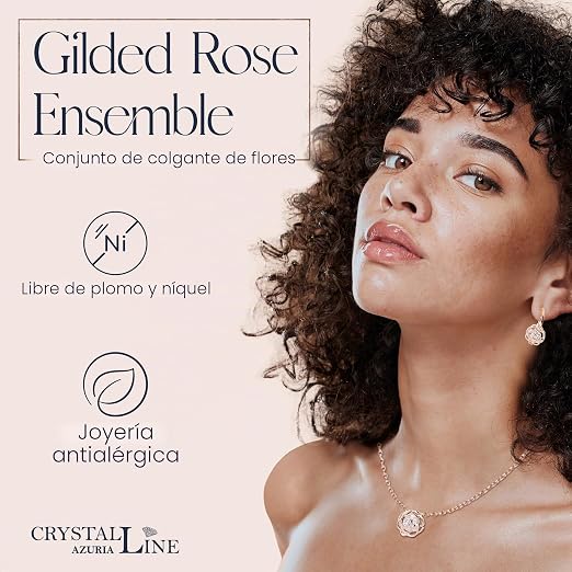 Conjunto Collar y Pendientes Chapado en Oro Flores Rosas con Cristales