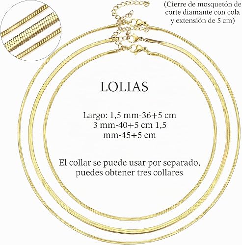 3 Piezas Collar Cadena Serpiente | Oro y Plata | Acero Inoxidable | Ajustable 35/40/45 cm