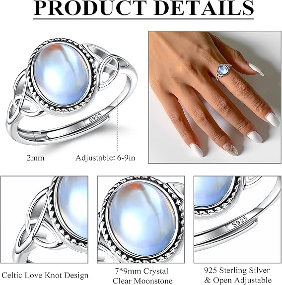 Anillo Piedra Lunar Plata 925 | Ajustable Vintage | Celta CZ