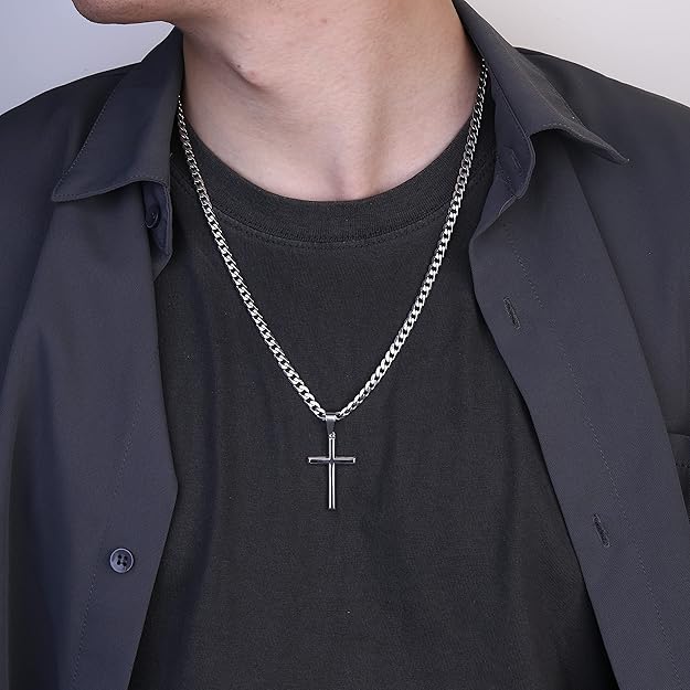 Collar Cruz Hombre Plata de Ley 925 con Cadena Cubana 5MM